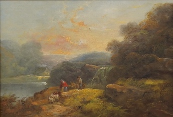 John Joseph Barker of Bath (1824-1904), pair of oils on canvas, Mountainous landscapes with figures, one signed, 23 x 34cm, ornate gilt framed. Condition - fair to good